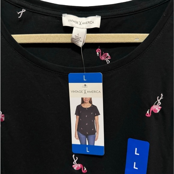 Vintage America - Black Tshirt - Flamingo embroidery - size L NWT - Picture 2 of 6